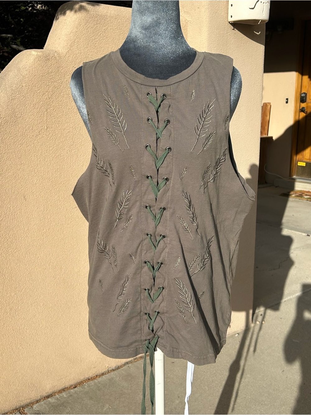 POL Olive Lace-Up Embroidered Tank Top